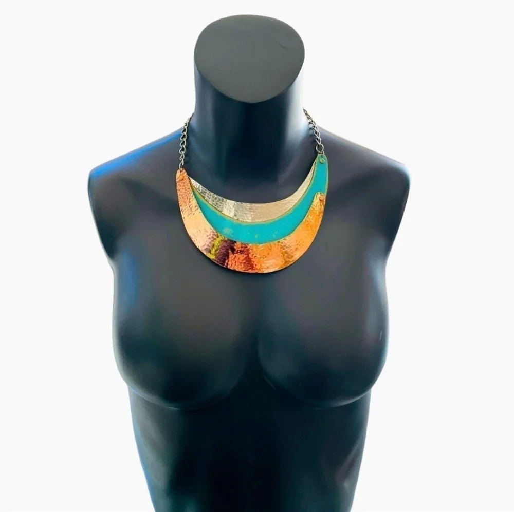 Unique Designer Metal Choker Necklace Turquoise Gold Silver Statement Jewelry